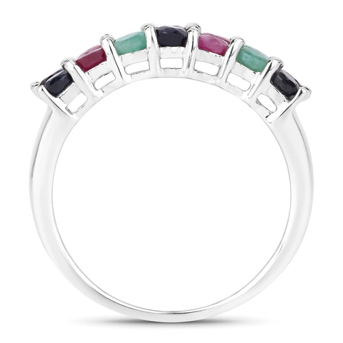 "3.40 Carat Genuine Emerald, Ruby and Black Sapphire .925 Sterling Silver Ring